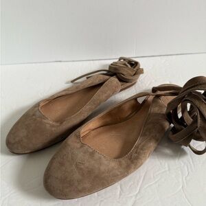 Madewell Tan Suede Ballet Flats with Ankle Wrap Women Shoes Size 8.5